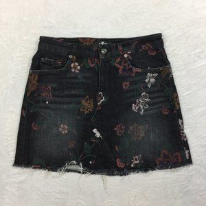 7 For All Mankind Mini Denim Jean Skirt Size 25 Womans Faded Black Floral Print